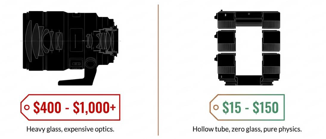 Extension tubes — hollow cylinders with no glass inside