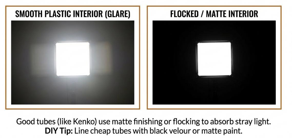 Side-by-side comparison of felt-flocked interior in a premium extension tube versus matte-painted interior in a budget tube